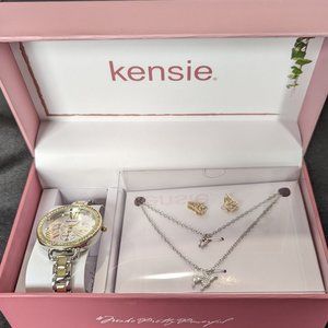 Kensie Butterfly Double Necklace + Earrings + Watch Gift Set [Gold & Silver] NWT